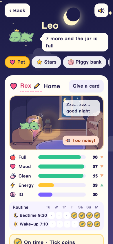 The same pet room in the evening, with the lamp off and the pet asleep