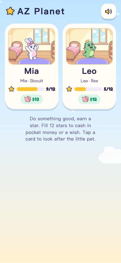 The AZ Planet home screen on a phone, one card per kid, each with a pet