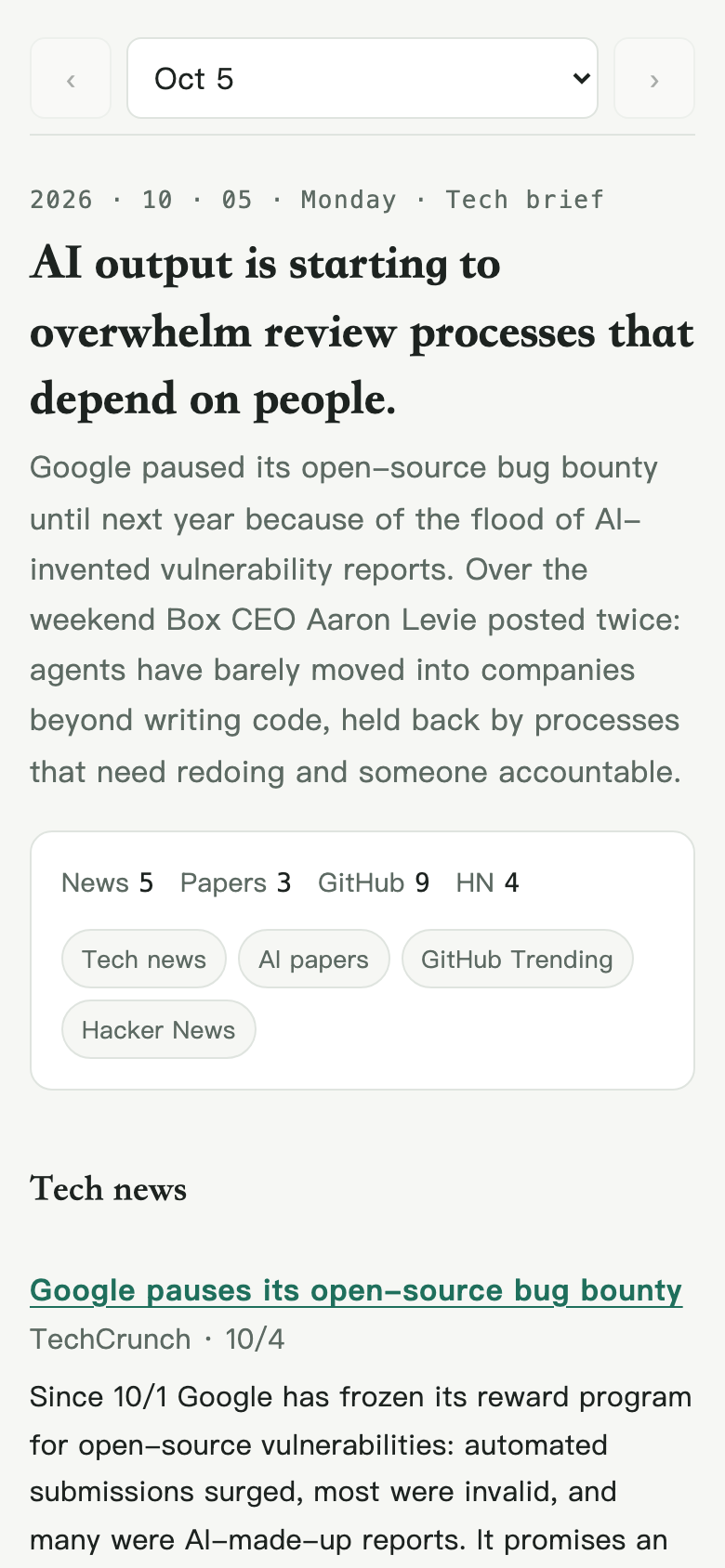 The tech brief app on a phone: a headline, a short summary, then news, papers, GitHub and Hacker News sections