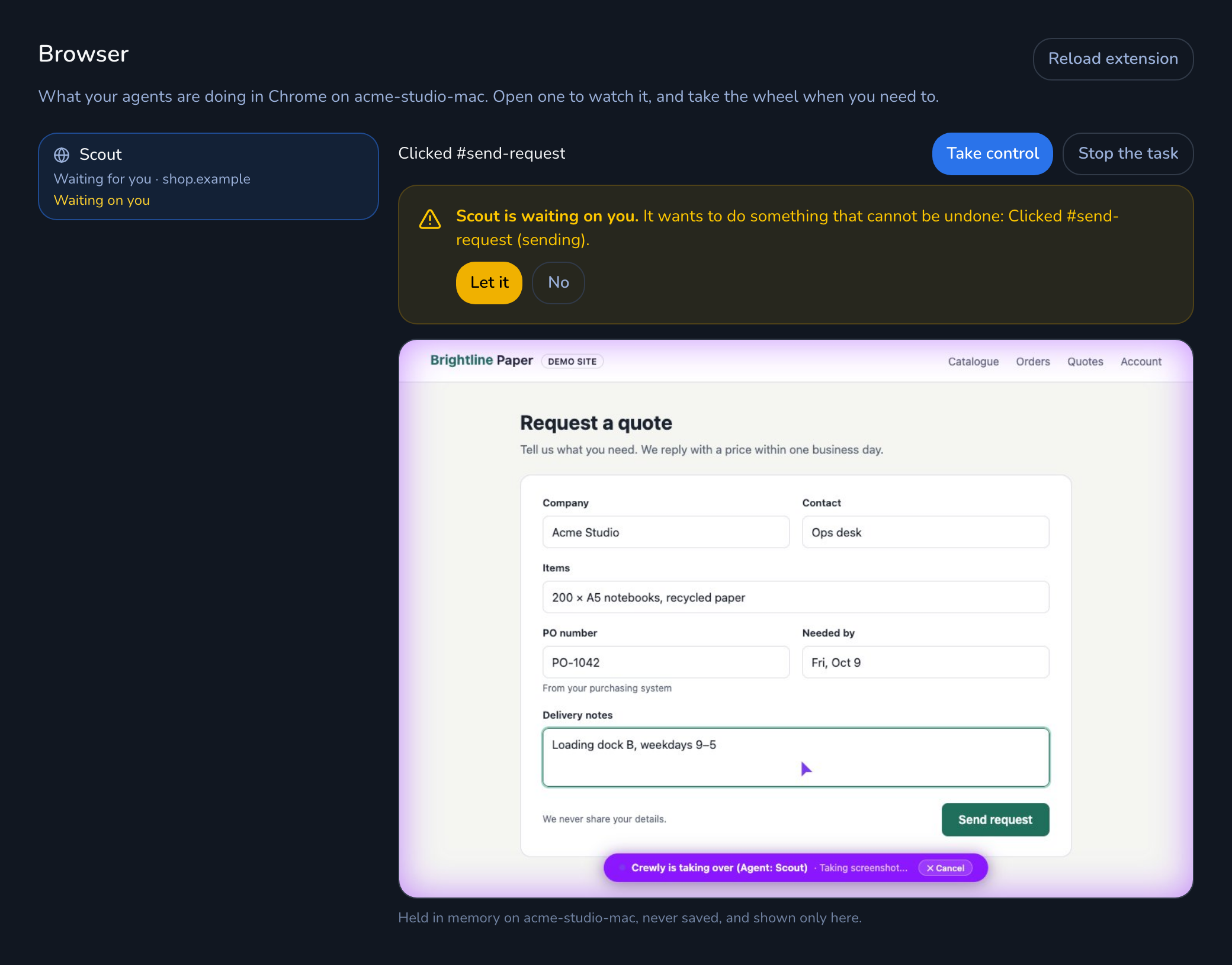 A held action in the Browser view: the agent is waiting on you, with Let it and No buttons