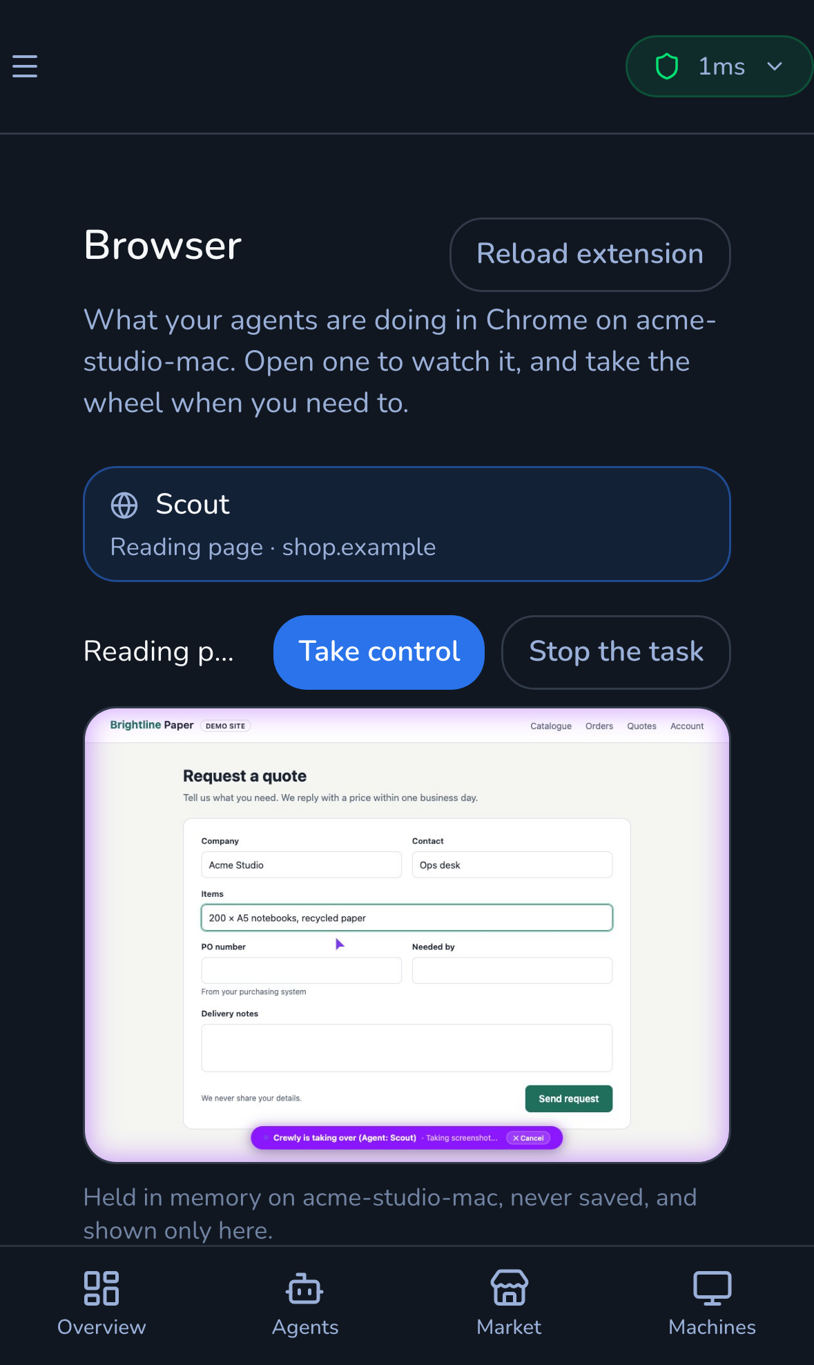The Browser view on a phone, with the live picture and the Take control and Stop the task buttons