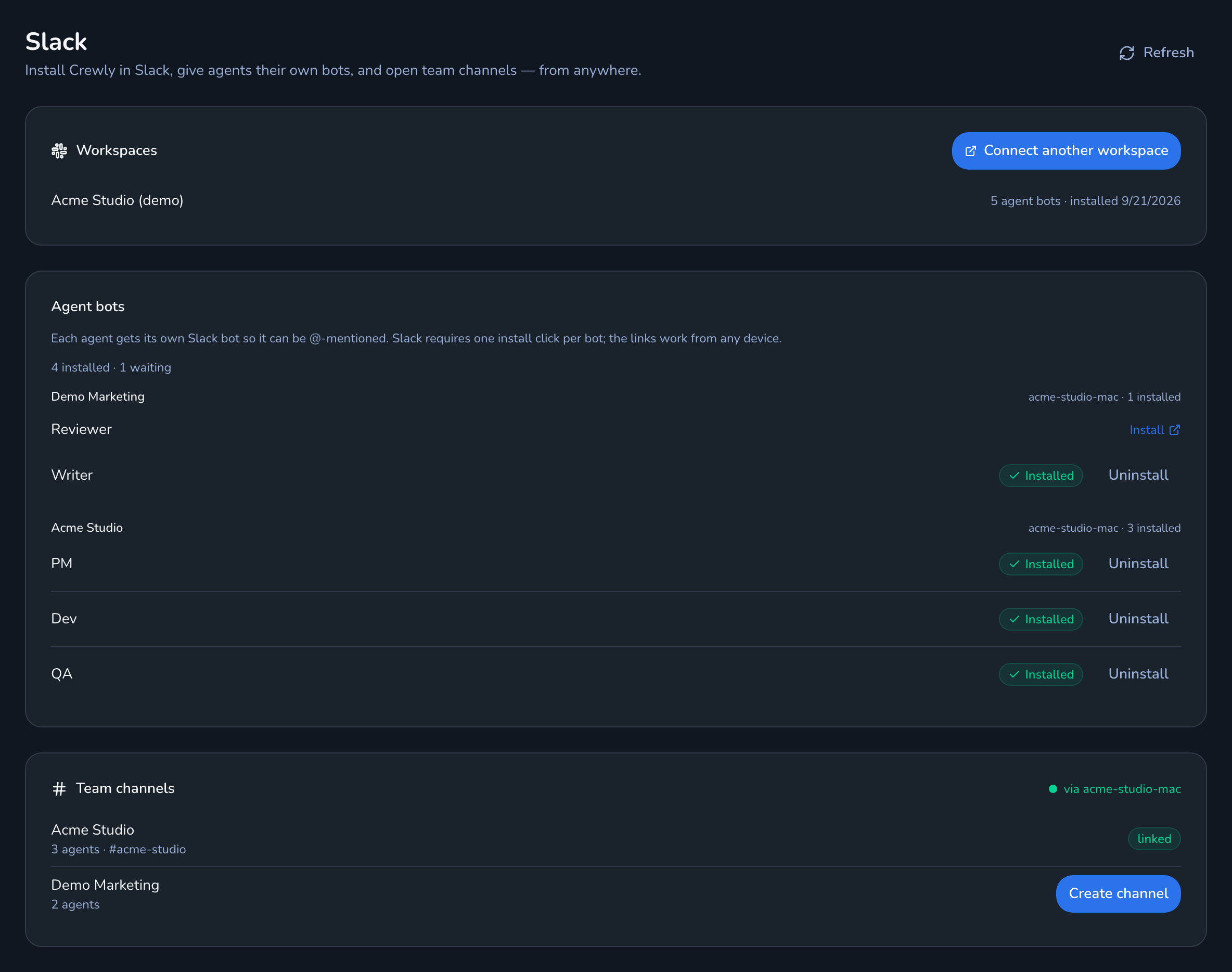 Crewly Cloud portal Slack page showing a connected workspace, a list of agents with install links, and the team channel list.