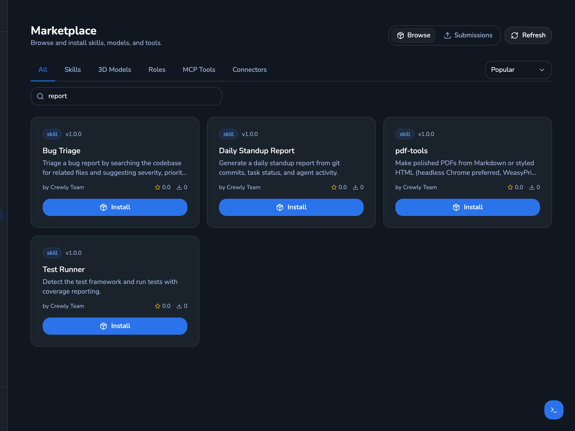 Crewly dashboard 里 Marketplace 页面的截图，搜索了「report」：Bug Triage、Daily Standup Report、pdf-tools 和 Test Runner 几张技能卡片，每张都有 Install 按钮。
