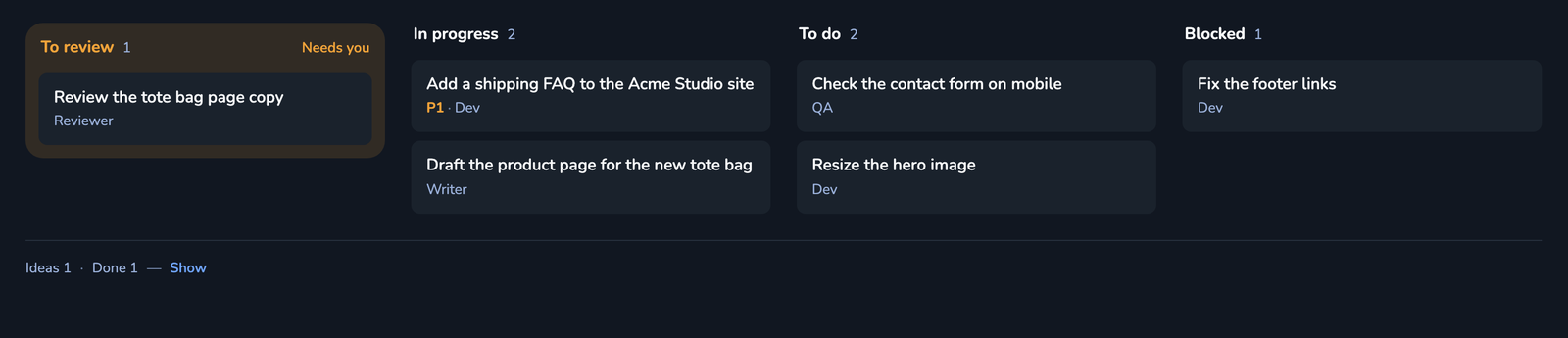 Screenshot of the ticket board columns in the Crewly dashboard, with demo data: one ticket to review, two in progress, two to do and one blocked, each with its assignee.