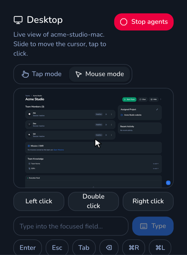 Phone screenshot of the Crewly Cloud Desktop page in Mouse mode, with a live Mac screen, click buttons, a text box and a Stop agents button.