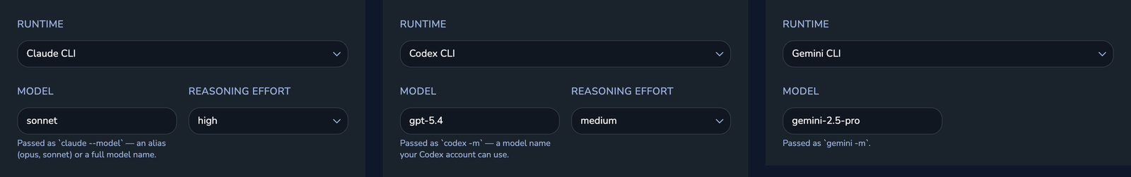 Screenshot of the agent settings in the Crewly dashboard, with demo data, side by side for three agents: one set to the Claude CLI runtime, one to the Codex CLI runtime and one to the Gemini CLI runtime, each with its own model.
