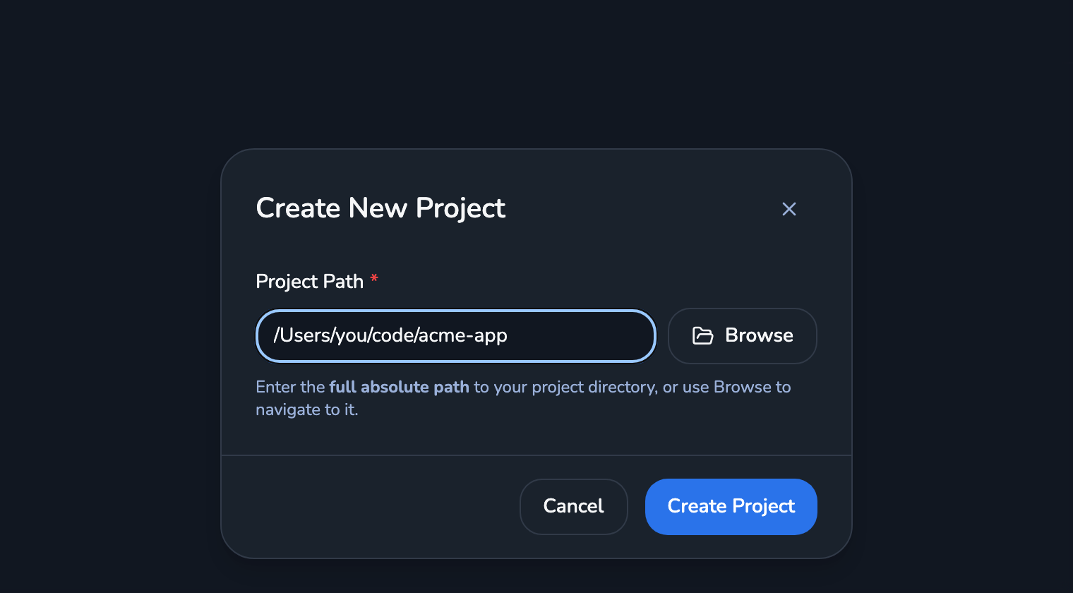 The Create New Project dialog in the Crewly dashboard, with an absolute project path typed in and Browse and Create Project buttons