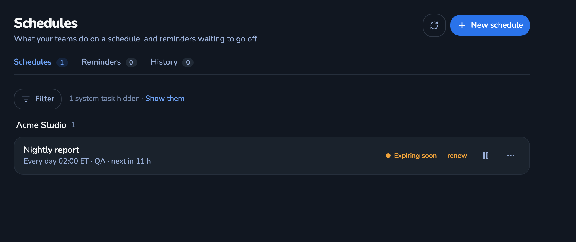 The Schedules list after Create: the Nightly report job under its team, showing Every day 02:00 ET and its next run