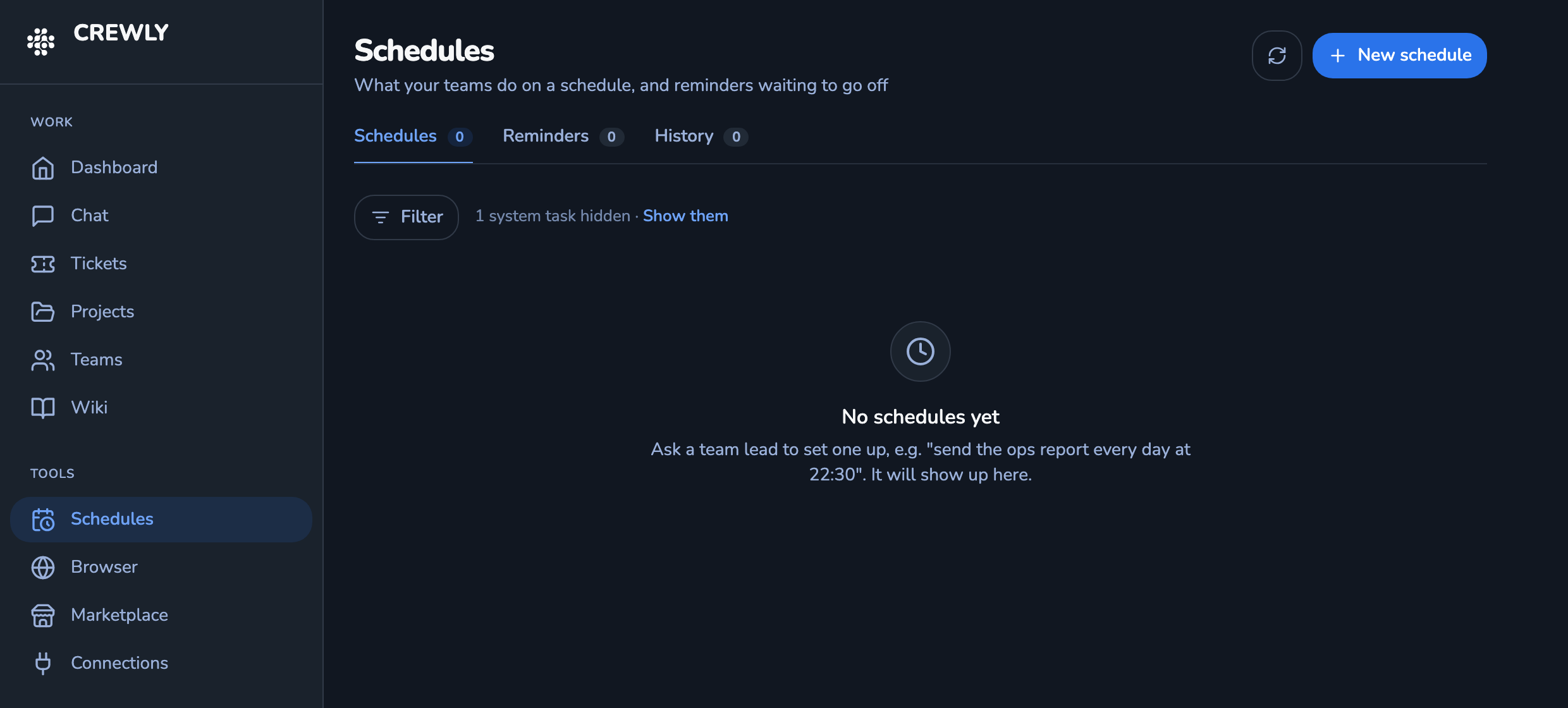 The Schedules page in the Crewly dashboard, opened from TOOLS in the left sidebar, with a New schedule button at the top right and an empty list