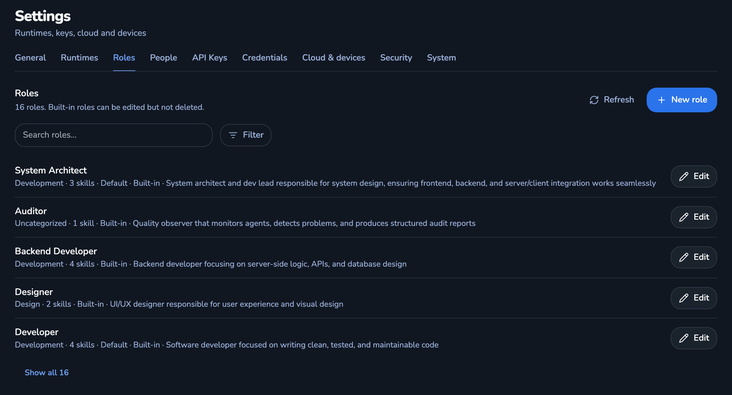 Settings, Roles tab: the list of built-in roles such as System Architect, Backend Developer and Developer, each with an Edit button and a New role button