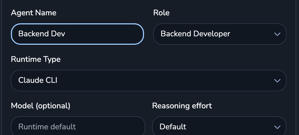 The member part of the Create New Team form: Agent Name Backend Dev, Role Backend Developer, Runtime Type Claude CLI, plus optional model and reasoning effort