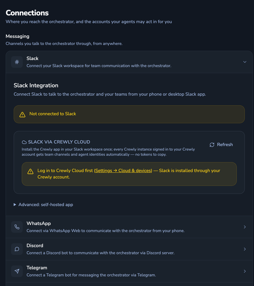 Crewly's Connections page, Slack section, before Slack is connected: the Slack via Crewly Cloud install step and the other messaging options below it