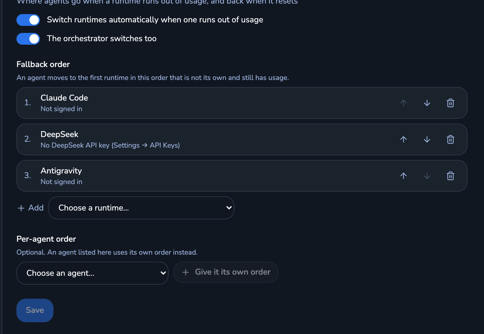 The Runtimes page in Settings: two switches for automatic switching, and a numbered fallback order with Claude Code, DeepSeek and Antigravity.
