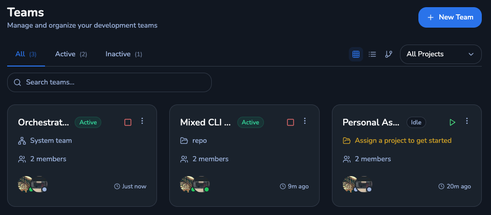 The Mixed CLI Team card showing Active, with two members