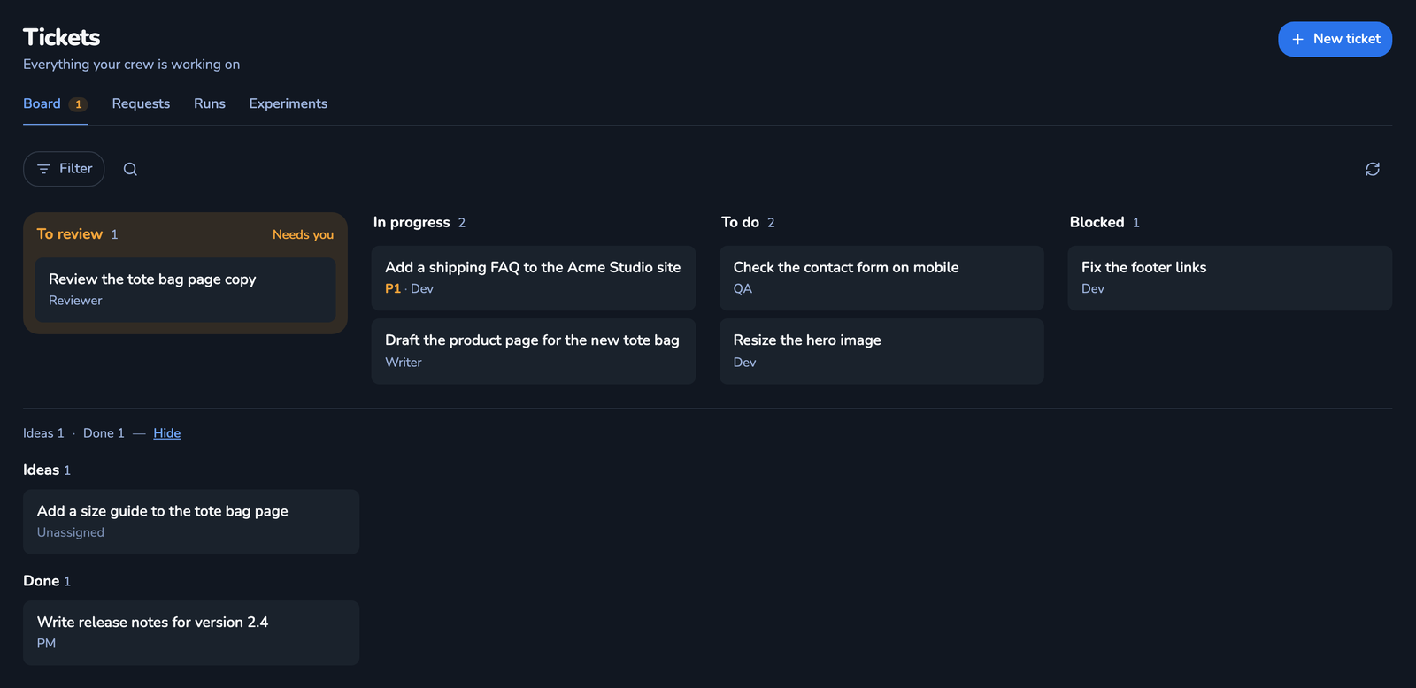 Screenshot of the Tickets board in the Crewly dashboard, with demo data: tickets in To review, In progress, To do and Blocked, plus an Ideas list and a Done list, each ticket with its assignee.